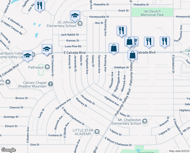 map of restaurants, bars, coffee shops, grocery stores, and more near 2101 Galaxy Street in Pahrump