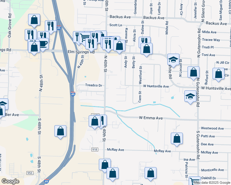 map of restaurants, bars, coffee shops, grocery stores, and more near 3839 Derrick Lane in Springdale