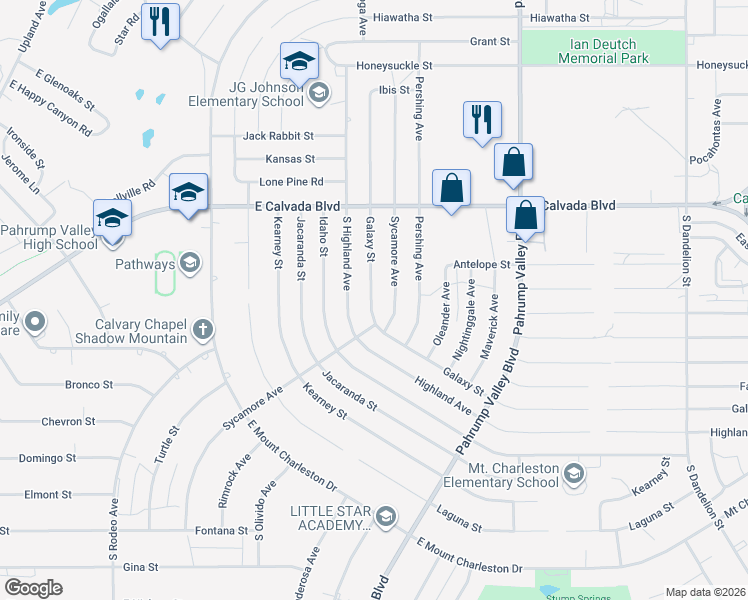 map of restaurants, bars, coffee shops, grocery stores, and more near 2121 Galaxy Street in Pahrump