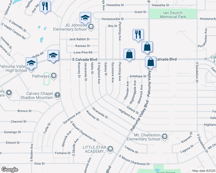 map of restaurants, bars, coffee shops, grocery stores, and more near 2121 Galaxy Street in Pahrump