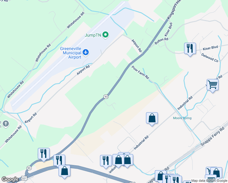 map of restaurants, bars, coffee shops, grocery stores, and more near 1030 Kingsport Highway in Greeneville