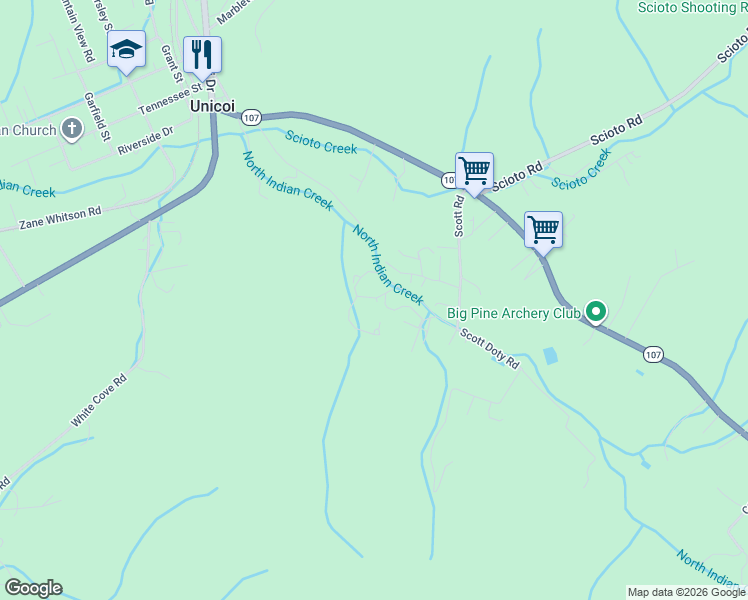 map of restaurants, bars, coffee shops, grocery stores, and more near Scotts Circle in Unicoi