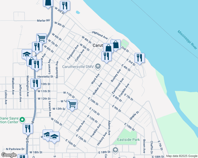 map of restaurants, bars, coffee shops, grocery stores, and more near 104 East 7th Street in Caruthersville