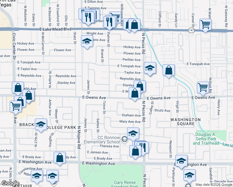 map of restaurants, bars, coffee shops, grocery stores, and more near 3404 East Webb Avenue in North Las Vegas