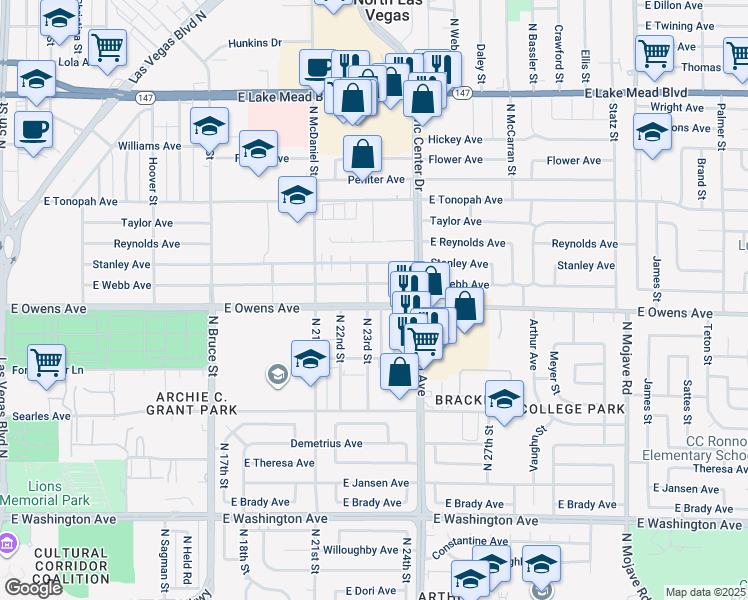 map of restaurants, bars, coffee shops, grocery stores, and more near 2213 East Webb Avenue in North Las Vegas
