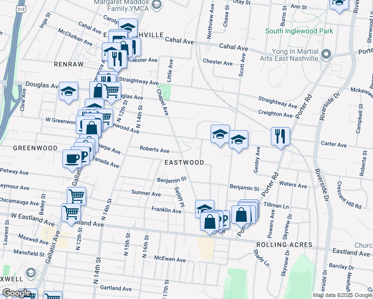 map of restaurants, bars, coffee shops, grocery stores, and more near 1716 Greenwood Avenue in Nashville