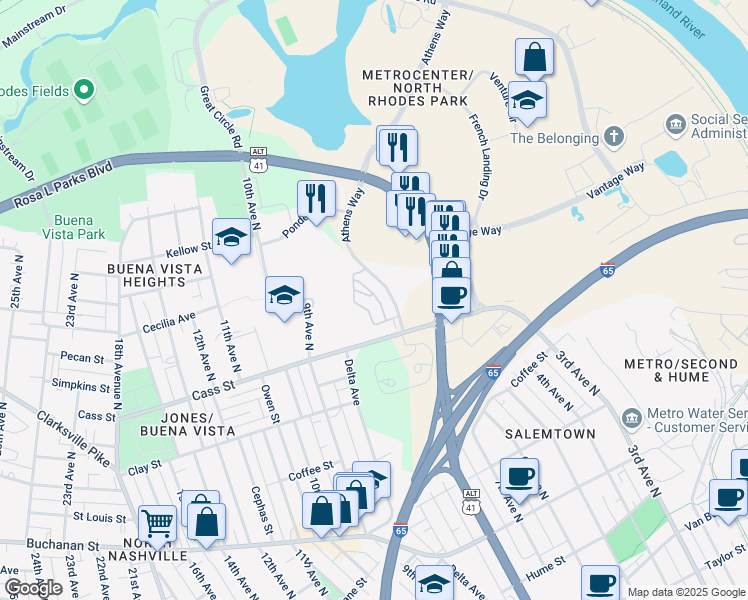 map of restaurants, bars, coffee shops, grocery stores, and more near 377 Athens Way in Nashville