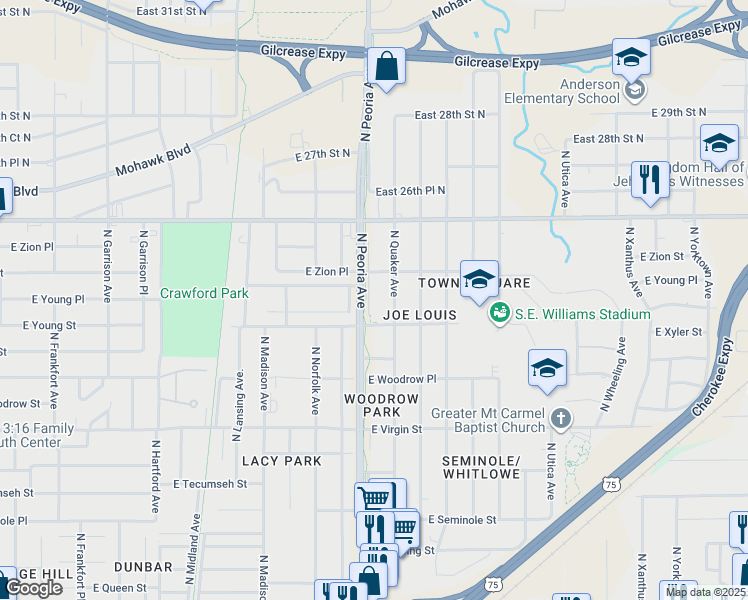 map of restaurants, bars, coffee shops, grocery stores, and more near 1137 East Zion Street in Tulsa