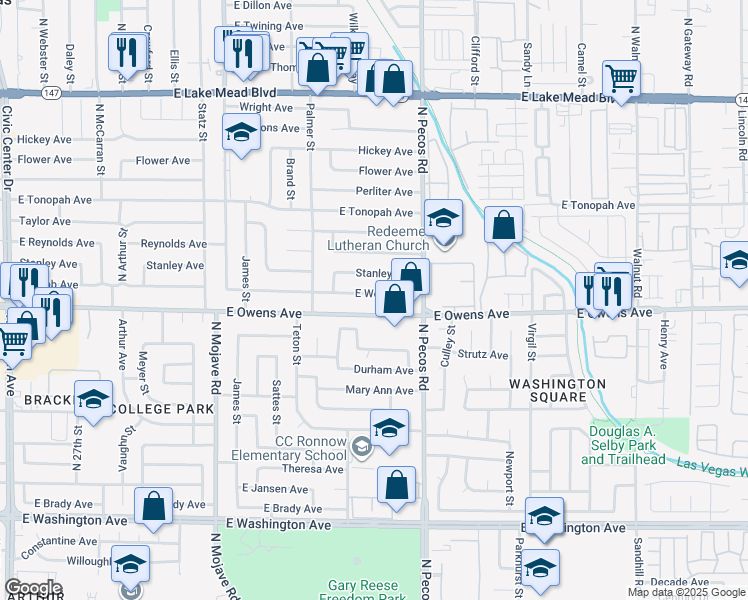 map of restaurants, bars, coffee shops, grocery stores, and more near 3601 East Webb Avenue in North Las Vegas