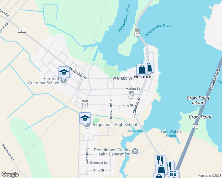 map of restaurants, bars, coffee shops, grocery stores, and more near Market Street in Hertford