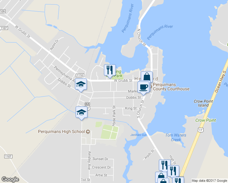 map of restaurants, bars, coffee shops, grocery stores, and more near Market Street in Hertford