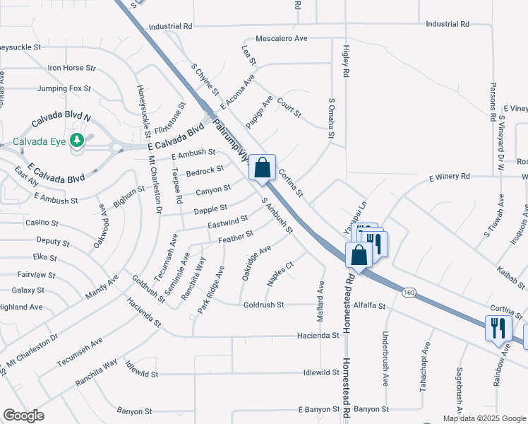 map of restaurants, bars, coffee shops, grocery stores, and more near 2741 Eastwind Street in Pahrump