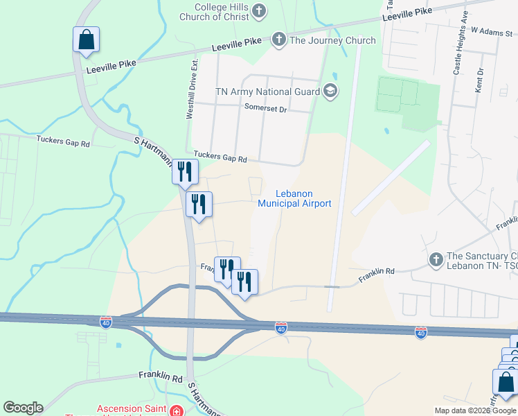 map of restaurants, bars, coffee shops, grocery stores, and more near 100 Aviation Way in Lebanon