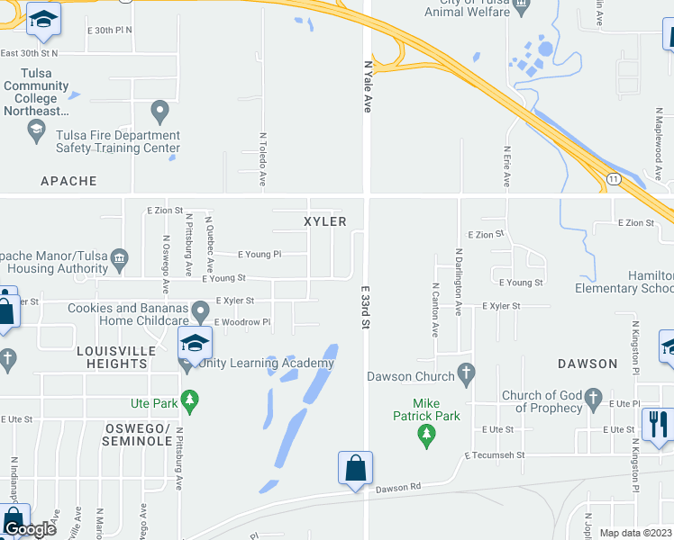 map of restaurants, bars, coffee shops, grocery stores, and more near 2409 North Vandalia Avenue in Tulsa