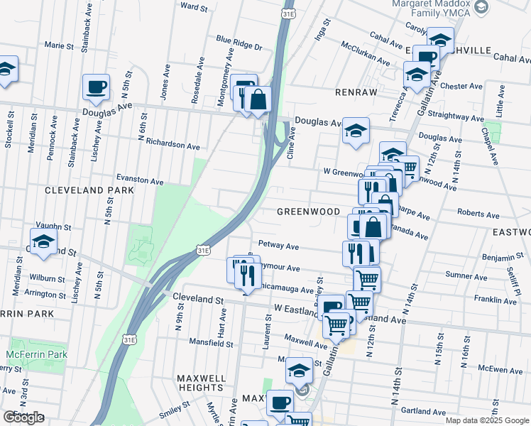 map of restaurants, bars, coffee shops, grocery stores, and more near 906 Granada Avenue in Nashville