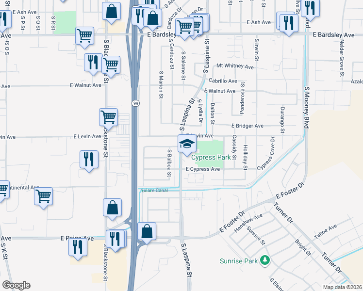 map of restaurants, bars, coffee shops, grocery stores, and more near 1870 South Laspina Street in Tulare