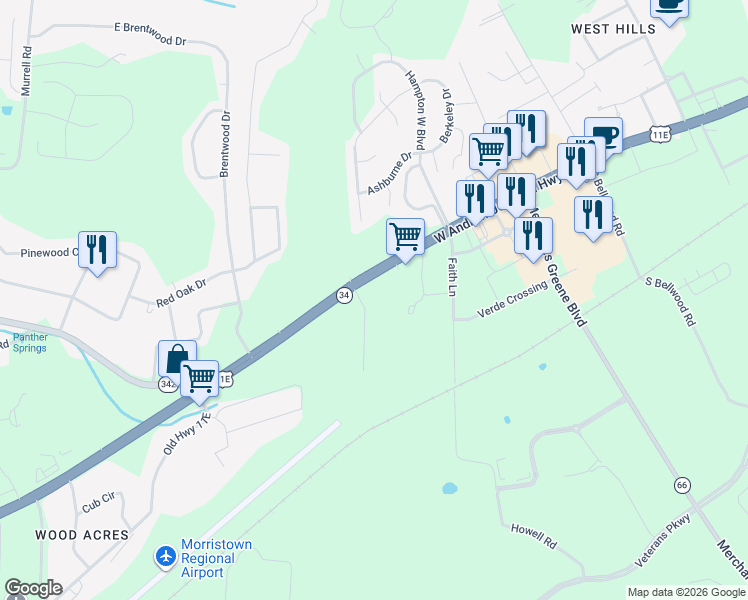 map of restaurants, bars, coffee shops, grocery stores, and more near 294 Suburban Drive in Morristown