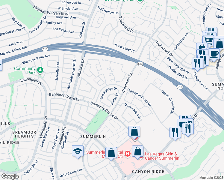 map of restaurants, bars, coffee shops, grocery stores, and more near 1512 Iron Springs Drive in Las Vegas