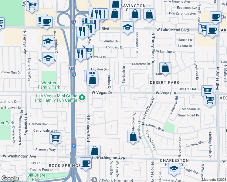map of restaurants, bars, coffee shops, grocery stores, and more near 1609 Amboy Drive in Las Vegas