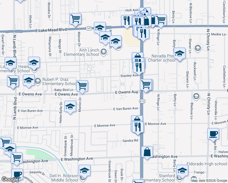 map of restaurants, bars, coffee shops, grocery stores, and more near 1611 North Lamont Street in Las Vegas