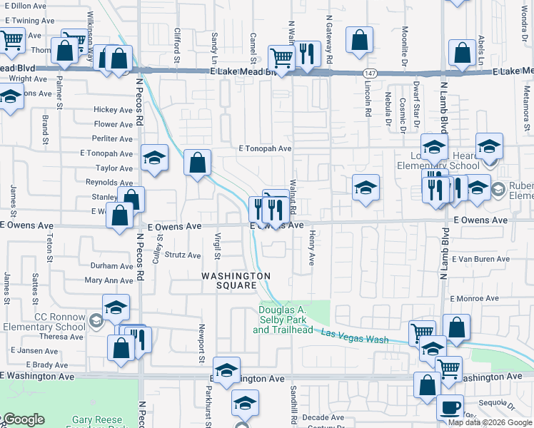 map of restaurants, bars, coffee shops, grocery stores, and more near 3837 East Pecan Lane in Las Vegas