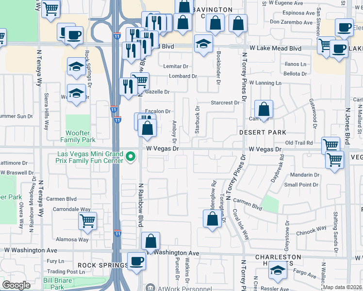map of restaurants, bars, coffee shops, grocery stores, and more near 1609 Amboy Drive in Las Vegas