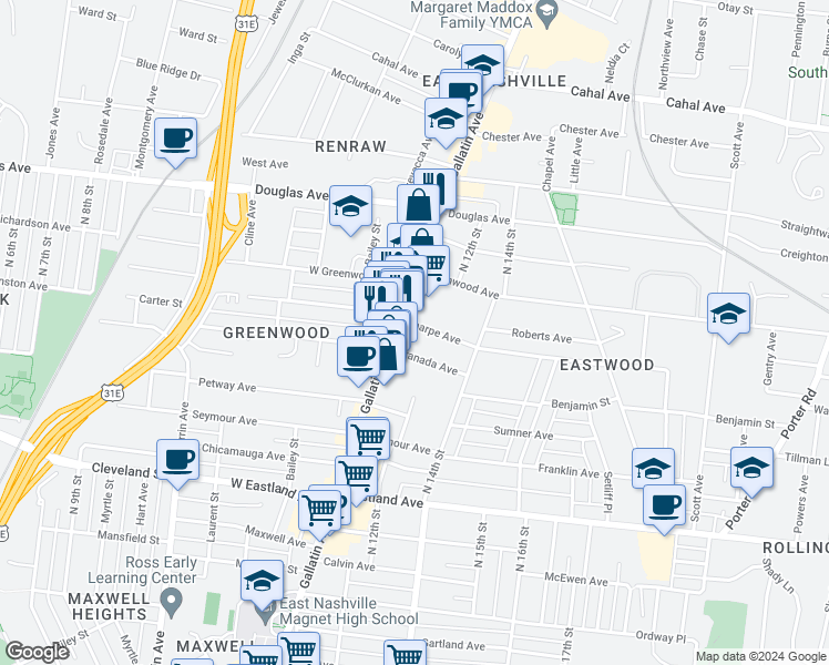 map of restaurants, bars, coffee shops, grocery stores, and more near 1109 Sharpe Avenue in Nashville