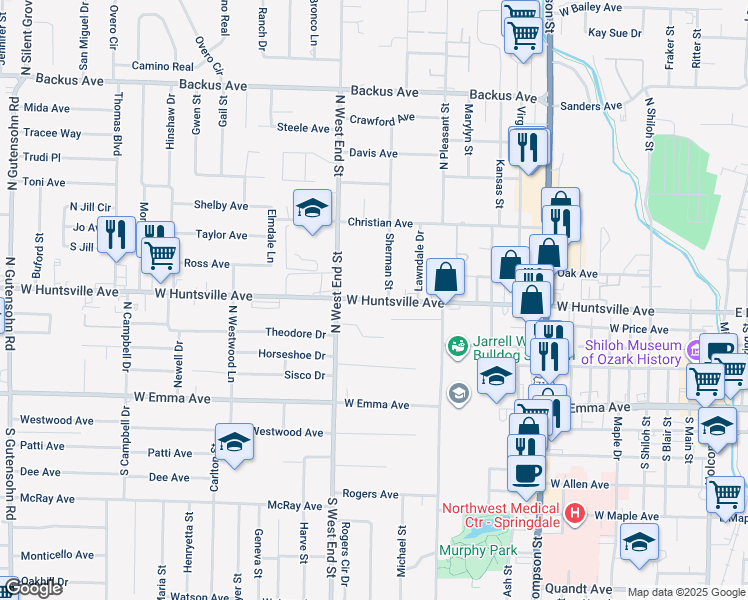 map of restaurants, bars, coffee shops, grocery stores, and more near 1504 West Huntsville Avenue in Springdale