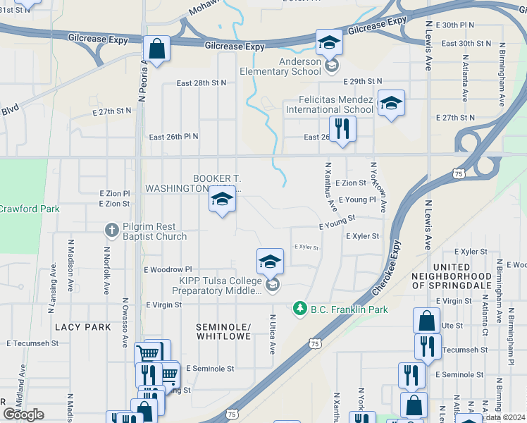 map of restaurants, bars, coffee shops, grocery stores, and more near 1607 East Young Place in Tulsa