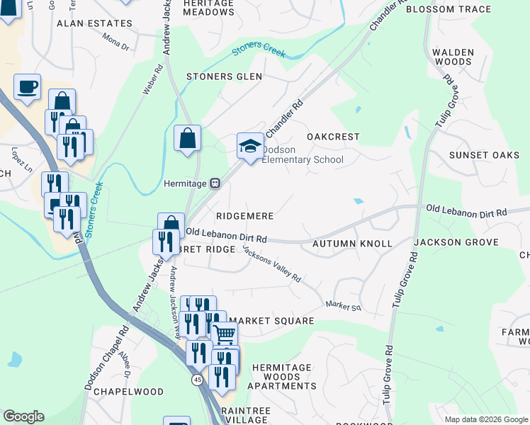 map of restaurants, bars, coffee shops, grocery stores, and more near 1709 Ridgemere Court in Nashville