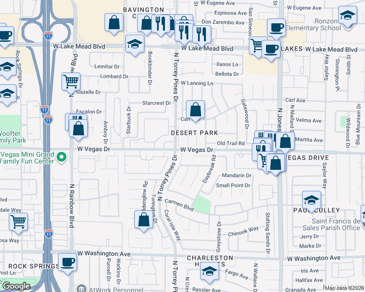 map of restaurants, bars, coffee shops, grocery stores, and more near 1600 North Torrey Pines Drive in Las Vegas
