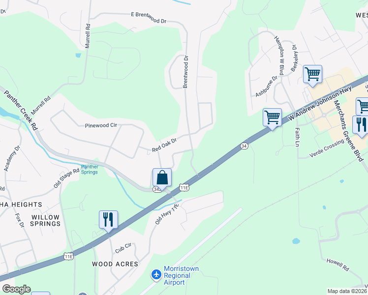 map of restaurants, bars, coffee shops, grocery stores, and more near 4932 Cotton Wood Lane in Morristown