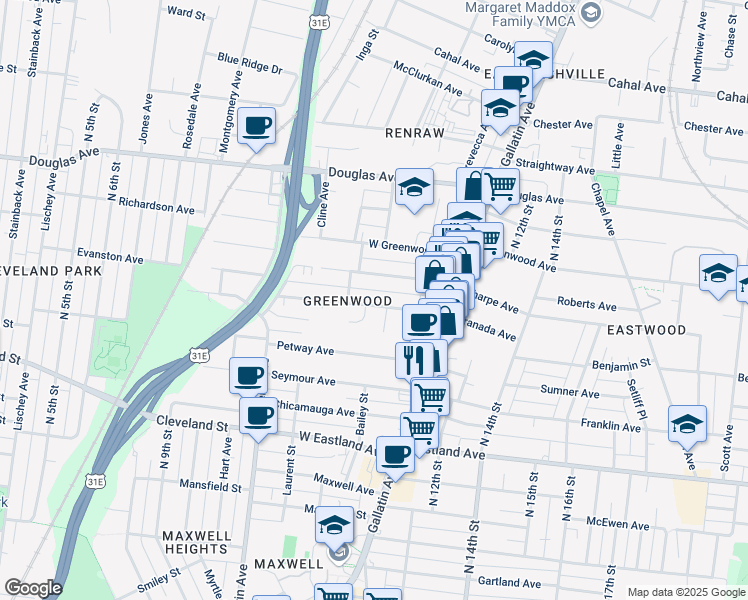 map of restaurants, bars, coffee shops, grocery stores, and more near 1013 Granada Avenue in Nashville