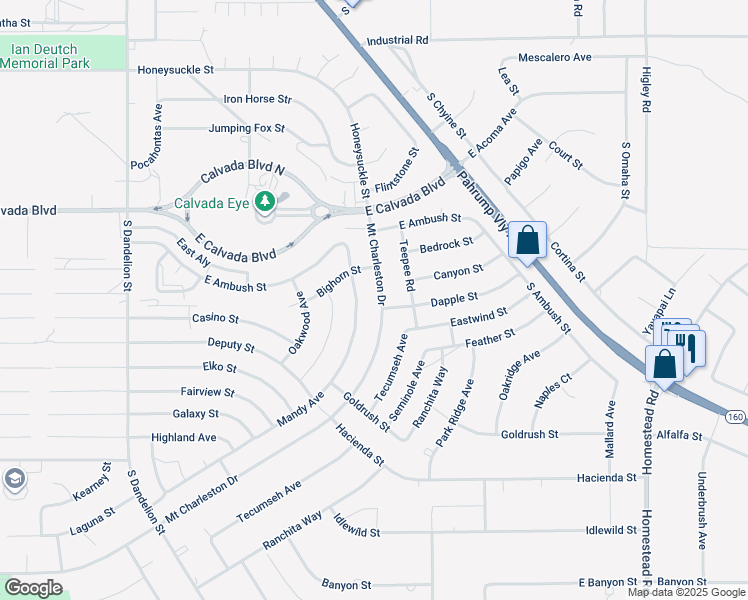 map of restaurants, bars, coffee shops, grocery stores, and more near 2120 South Mount Charleston Drive East in Pahrump