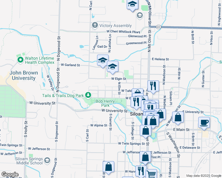 map of restaurants, bars, coffee shops, grocery stores, and more near 601 West Tahlequah Street in Siloam Springs