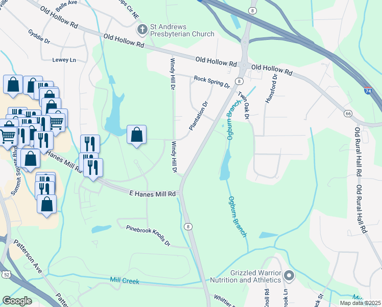 map of restaurants, bars, coffee shops, grocery stores, and more near 5534 Germanton Road in Winston-Salem