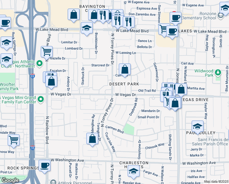 map of restaurants, bars, coffee shops, grocery stores, and more near 1600 North Torrey Pines Drive in Las Vegas