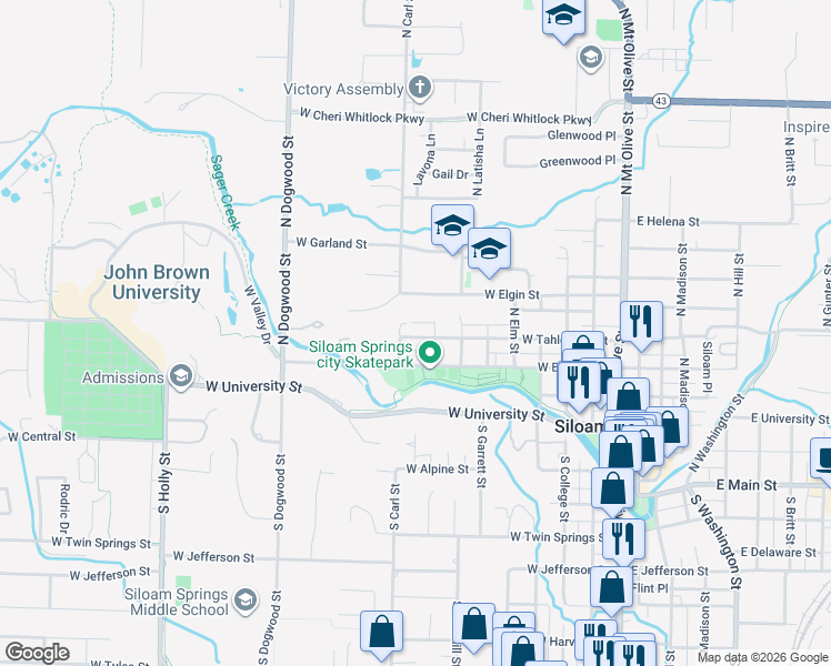 map of restaurants, bars, coffee shops, grocery stores, and more near 815 West Tahlequah Street in Siloam Springs