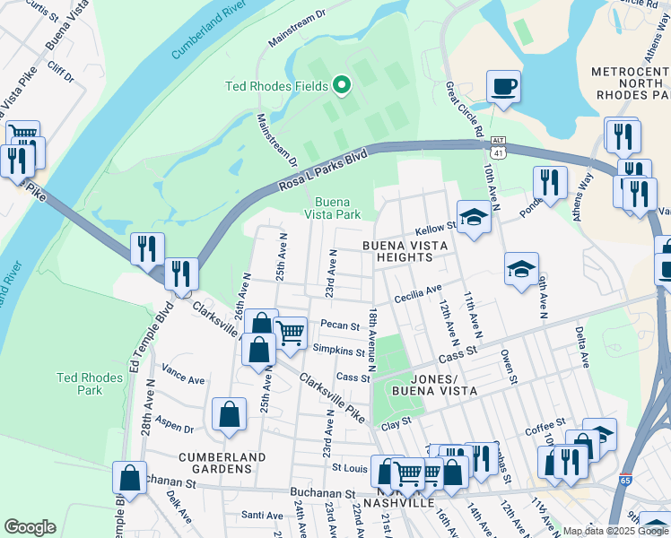 map of restaurants, bars, coffee shops, grocery stores, and more near 1736 Nubell Street in Nashville
