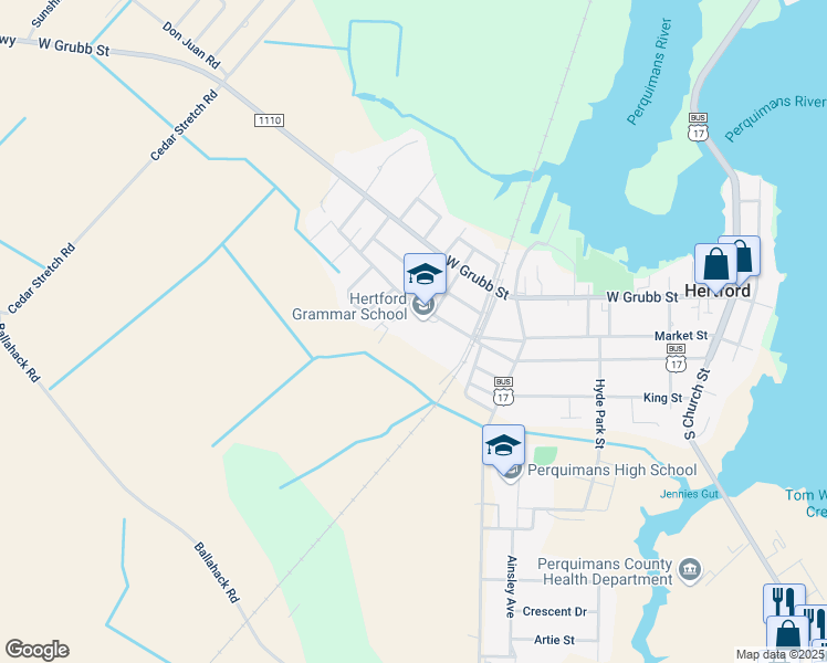 map of restaurants, bars, coffee shops, grocery stores, and more near 603 Dobbs Street in Hertford