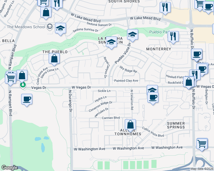 map of restaurants, bars, coffee shops, grocery stores, and more near 1600 Royal Canyon Drive in Las Vegas
