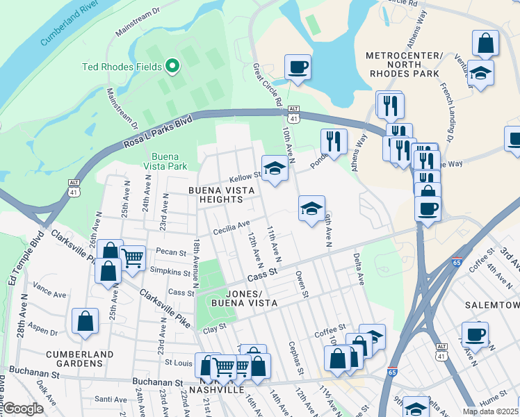 map of restaurants, bars, coffee shops, grocery stores, and more near 2209 11th Avenue North in Nashville