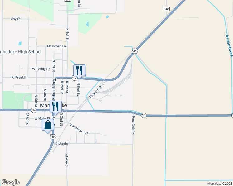 map of restaurants, bars, coffee shops, grocery stores, and more near 7755 Arkansas 34 in Marmaduke
