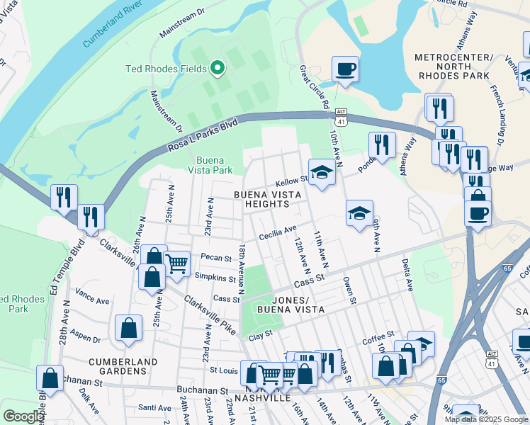 map of restaurants, bars, coffee shops, grocery stores, and more near 1405B Walsh Street in Nashville