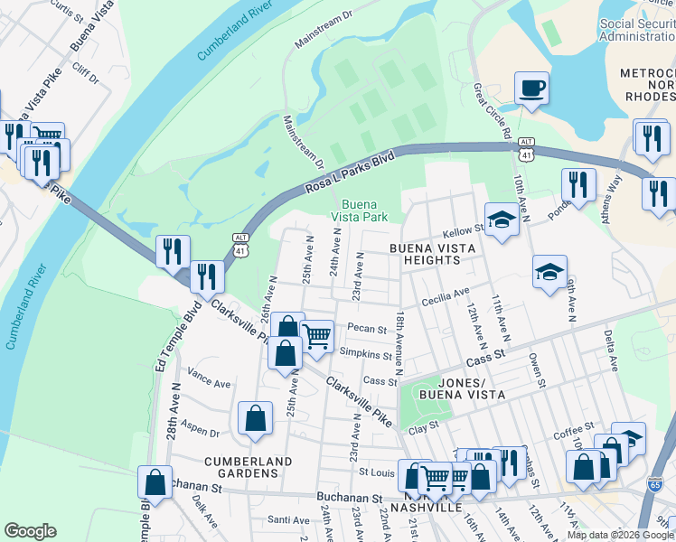 map of restaurants, bars, coffee shops, grocery stores, and more near 2210 24th Avenue North in Nashville