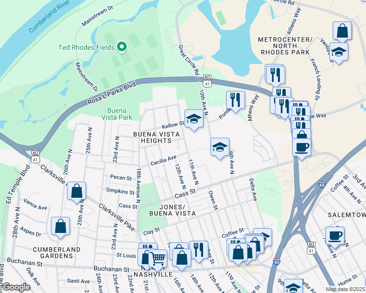 map of restaurants, bars, coffee shops, grocery stores, and more near 2209 11th Avenue North in Nashville