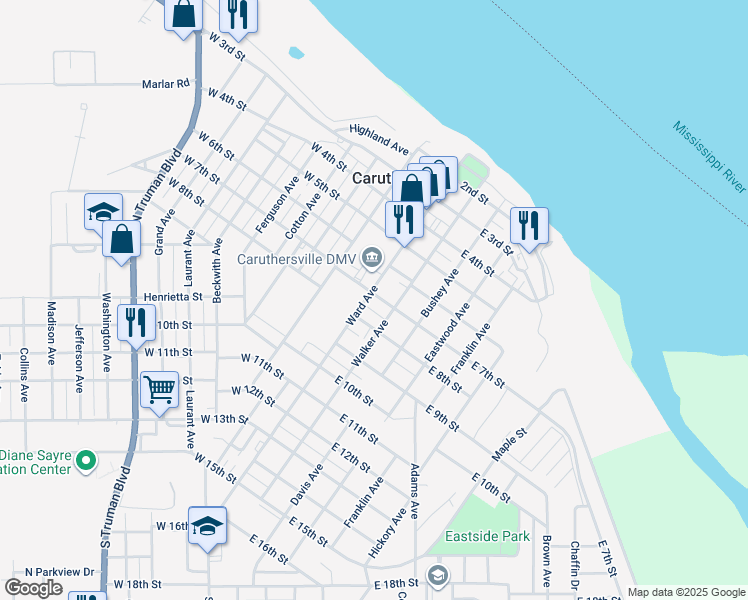 map of restaurants, bars, coffee shops, grocery stores, and more near 104 East 7th Street in Caruthersville