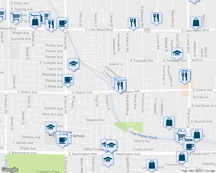 map of restaurants, bars, coffee shops, grocery stores, and more near 1624 Stevens Street in Las Vegas