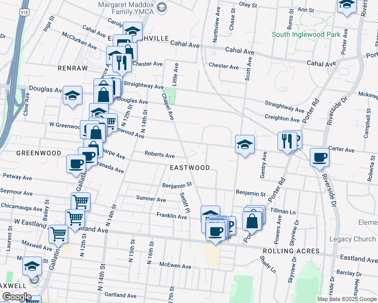 map of restaurants, bars, coffee shops, grocery stores, and more near 1101 Chapel Avenue in Nashville