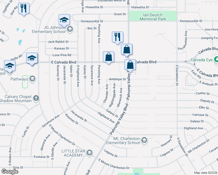 map of restaurants, bars, coffee shops, grocery stores, and more near 2091 Oleander Avenue in Pahrump
